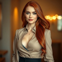 A slender 35-year-old red-haired woman with large breasts and a beautiful face, elegantly dressed
