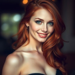 An alluring portrait of a slender 35-year-old red-haired woman, emphasizing her large breasts and beautifully defined facial features