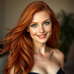 An alluring portrait of a slender 35-year-old red-haired woman, emphasizing her large breasts and beautifully defined facial features