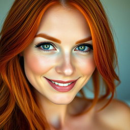 A captivating portrait of a slender 35-year-old red-haired woman, showcasing her prominent large breasts and beautifully attractive face