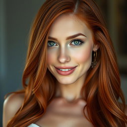 A captivating portrait of a slender 35-year-old red-haired woman, showcasing her prominent large breasts and beautifully attractive face