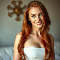 A captivating portrait of a slender 35-year-old red-haired woman, showcasing her prominent large breasts and beautifully attractive face