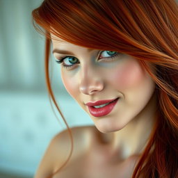 A captivating portrait of a slender 35-year-old red-haired woman, showcasing her prominent large breasts and beautifully attractive face
