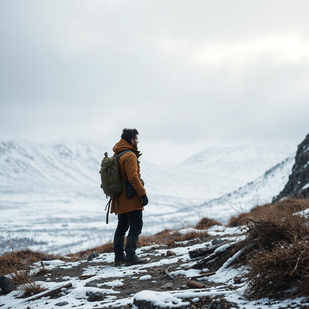 A captivating and mysterious landscape featuring an archaeologist standing at the forefront, gazing intently at majestic snow-covered mountains in the distance