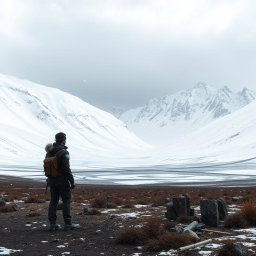 A captivating and mysterious landscape featuring an archaeologist standing at the forefront, gazing intently at majestic snow-covered mountains in the distance