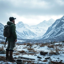 A captivating and mysterious landscape featuring an archaeologist standing at the forefront, gazing intently at majestic snow-covered mountains in the distance