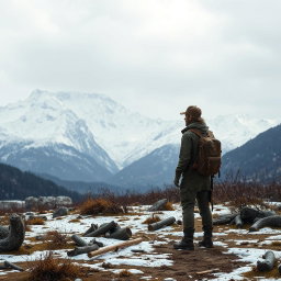 A captivating and mysterious landscape featuring an archaeologist standing at the forefront, gazing intently at majestic snow-covered mountains in the distance