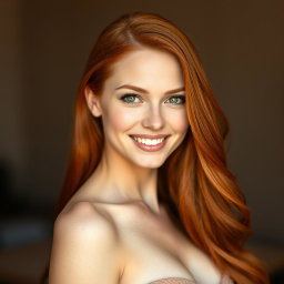 A stunning portrait of a slender 35-year-old red-haired woman, featuring her full, prominent breasts and an exceptionally beautiful face
