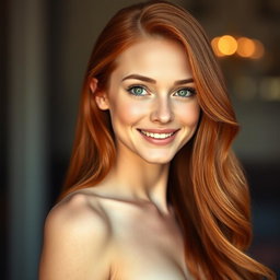 A stunning portrait of a slender 35-year-old red-haired woman, featuring her full, prominent breasts and an exceptionally beautiful face