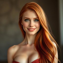 A stunning portrait of a slender 35-year-old red-haired woman, featuring her full, prominent breasts and an exceptionally beautiful face