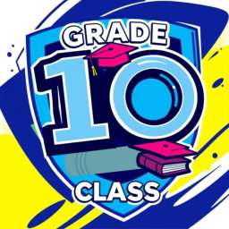 A vibrant and modern logo design for a Grade 10 class, featuring the number '10' prominently in a bold, stylized font