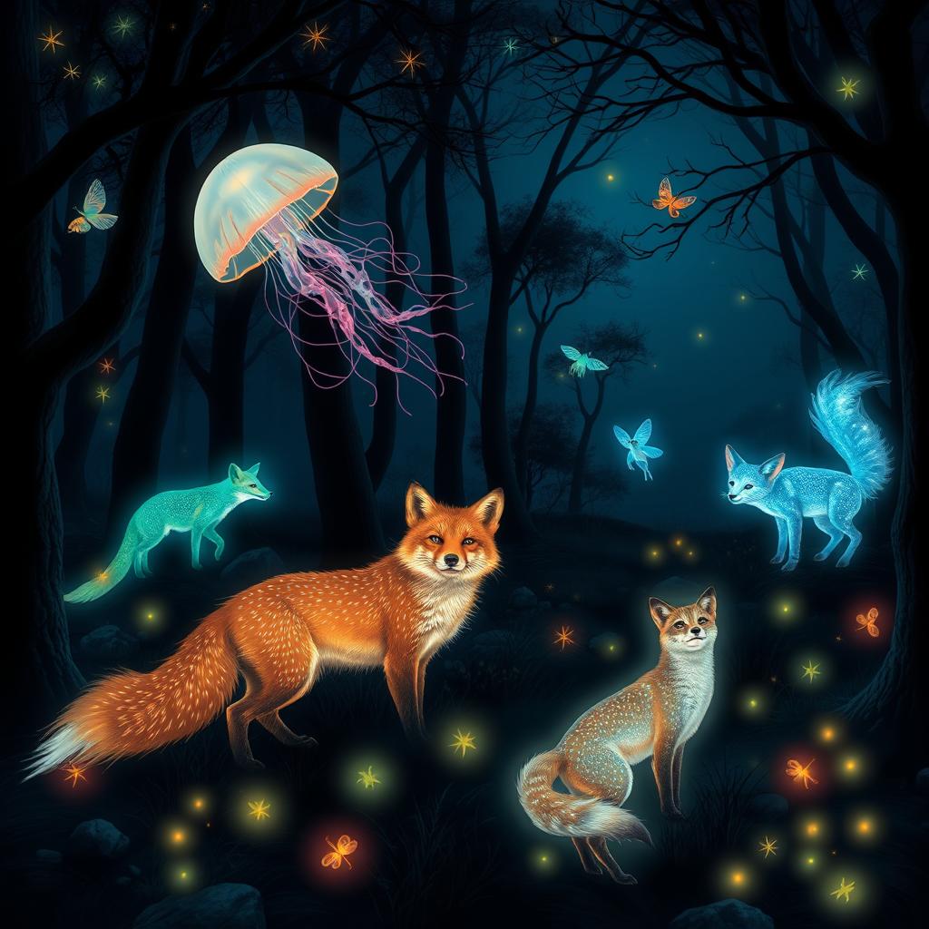 A scene depicting a variety of luminescent animals in a dark, enchanting forest