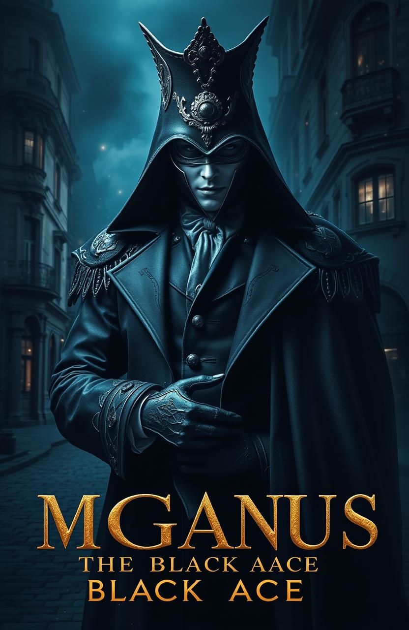 A striking, cinematic book cover for 'Mganus The Black Ace99', featuring a masked, enigmatic figure in an elaborate costume, set against a dark, atmospheric background