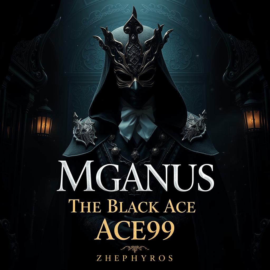 A striking, cinematic book cover for 'Mganus The Black Ace99', featuring a masked, enigmatic figure in an elaborate costume, set against a dark, atmospheric background