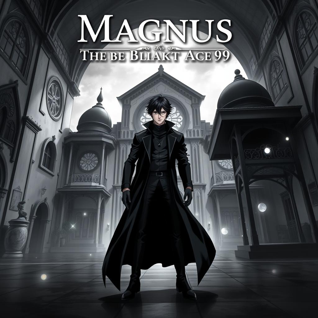 An anime-style book cover for 'Magnus The Black Ace99', featuring a dramatic black and white background set within Zhepyros School in Indonesia, showcasing its unique architecture and atmosphere