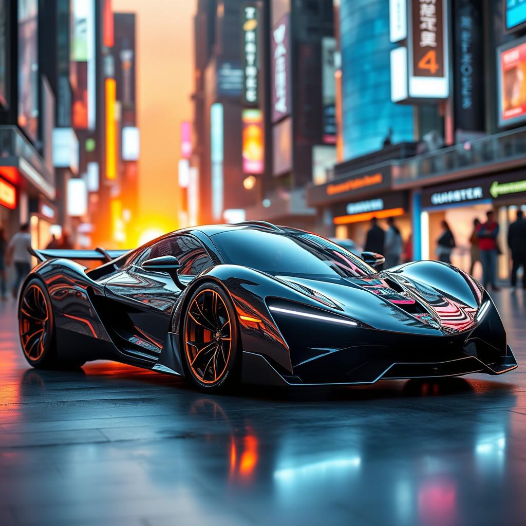 A futuristic and unique hypercar designed with sleek aerodynamic lines and advanced technology features, showcasing innovative materials like carbon fiber and glass