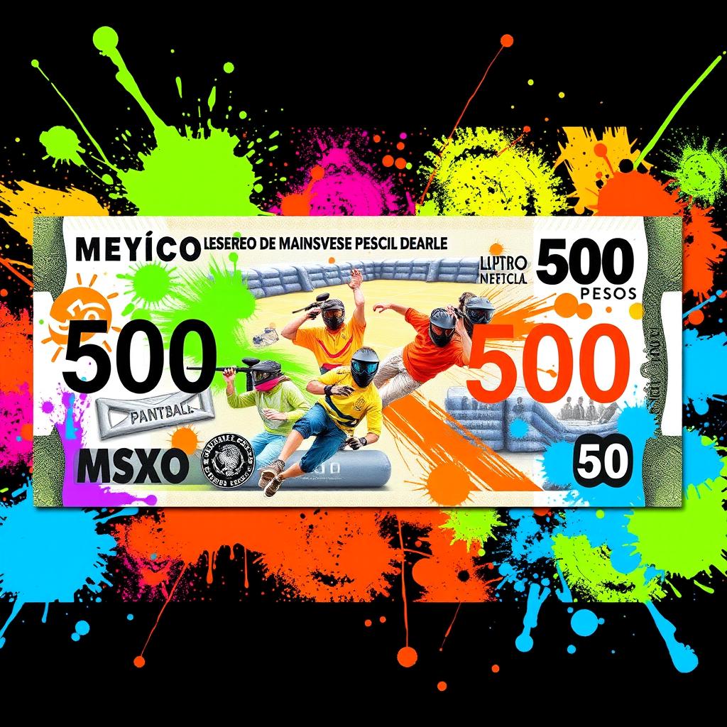 A creatively designed Mexican $500 pesos banknote transformed to promote paintball
