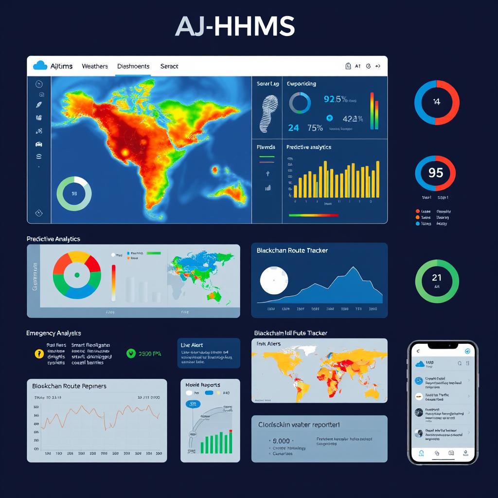 A conceptual illustration of an AI-HHMS (Artificial Intelligence Hazard & Hazard Management System) dashboard and mobile application