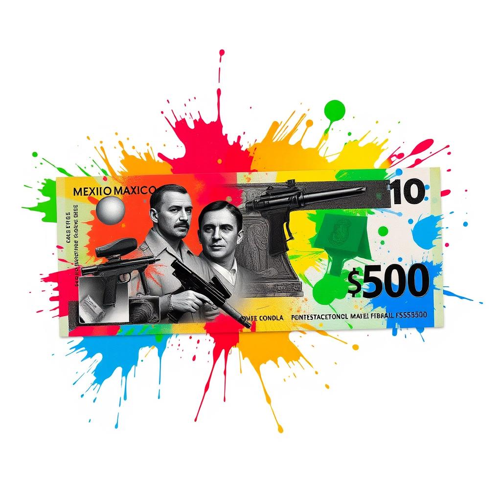A creative design of a Mexican $500 peso bill merged with paintball elements