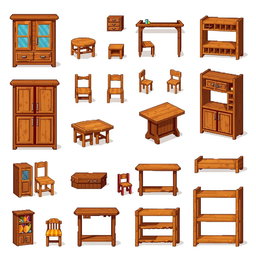A pixel art spritesheet featuring various wooden kitchen furniture items