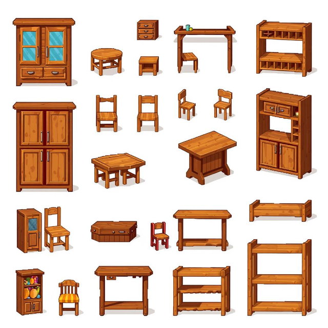 A pixel art spritesheet featuring various wooden kitchen furniture items