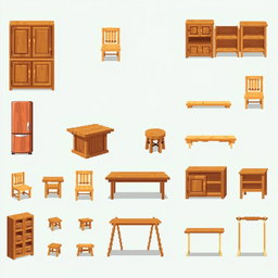A pixel art spritesheet featuring various wooden kitchen furniture items