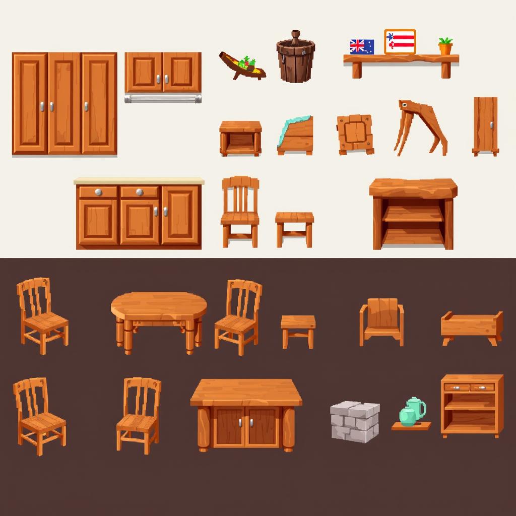 A pixel art spritesheet featuring various wooden kitchen furniture items