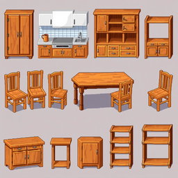 A pixel art spritesheet featuring various wooden kitchen furniture items