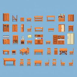A pixel art spritesheet featuring various kitchen furniture made of wood, including cabinets, shelves, tables, and chairs, all designed in a colorful and detailed style