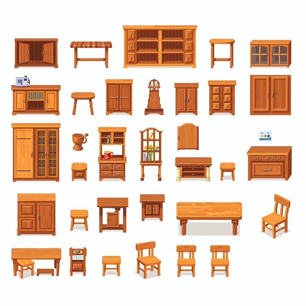 A pixel art spritesheet featuring various kitchen furniture made of wood, including cabinets, shelves, tables, and chairs, all designed in a colorful and detailed style