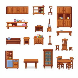A pixel art spritesheet featuring various kitchen furniture made of wood, including cabinets, shelves, tables, and chairs, all designed in a colorful and detailed style