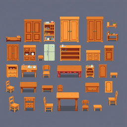 A pixel art spritesheet featuring various kitchen furniture made of wood, including cabinets, shelves, tables, and chairs, all designed in a colorful and detailed style