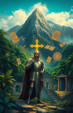 An intricate illustration of the Knights Templar's legacy in South America, showcasing a blend of historical and mythical elements