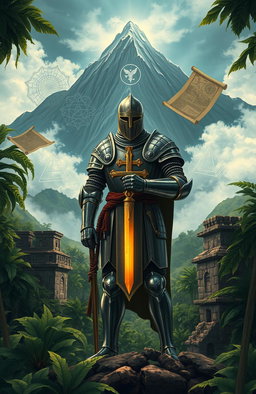 An intricate illustration of the Knights Templar's legacy in South America, showcasing a blend of historical and mythical elements