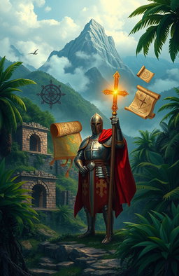 An intricate illustration of the Knights Templar's legacy in South America, showcasing a blend of historical and mythical elements