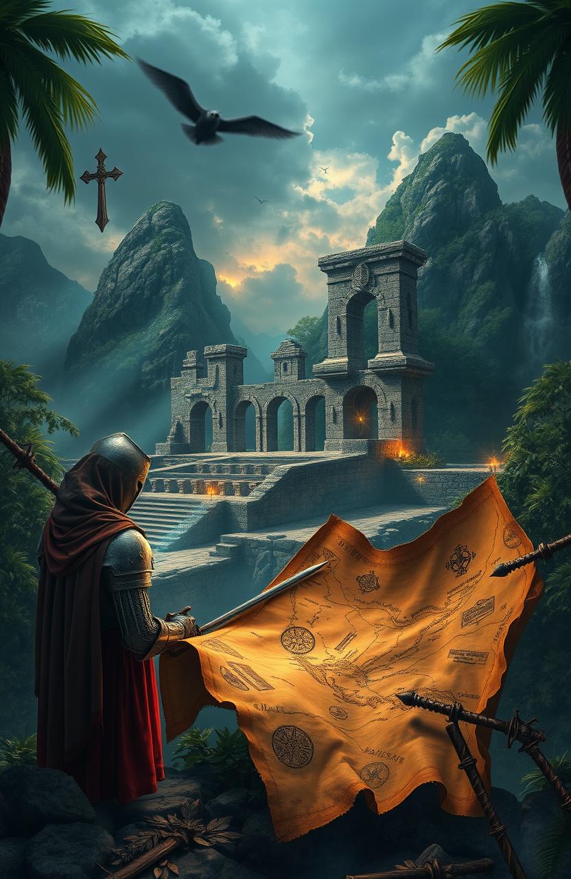 An artistic representation of the Knights Templar exploring their influence in South America, featuring iconic Templar symbols like the cross and swords, ancient ruins with a mystical aura, lush South American landscapes, and elements that showcase myth and legend