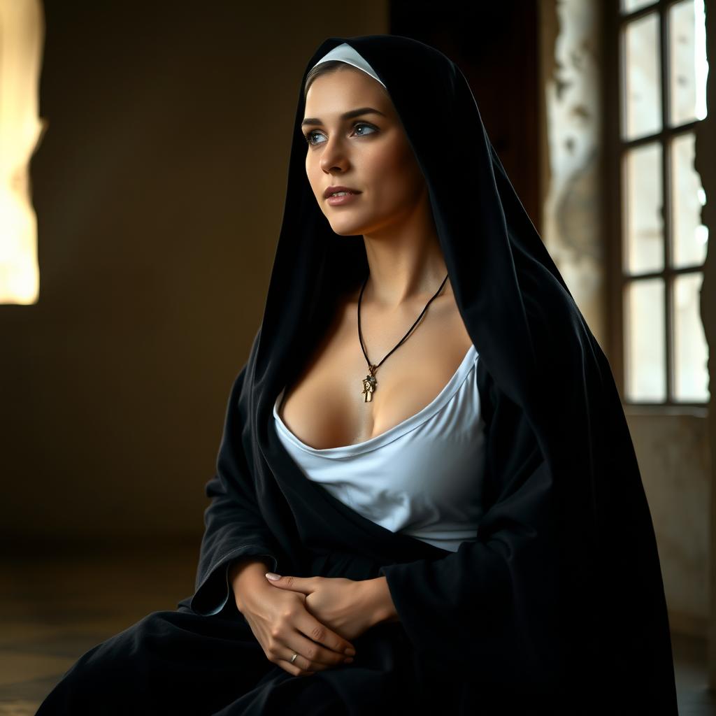 A Greek nun on her knees in a serene setting, with a gentle expression on her face, her dark robe gently flowing around her