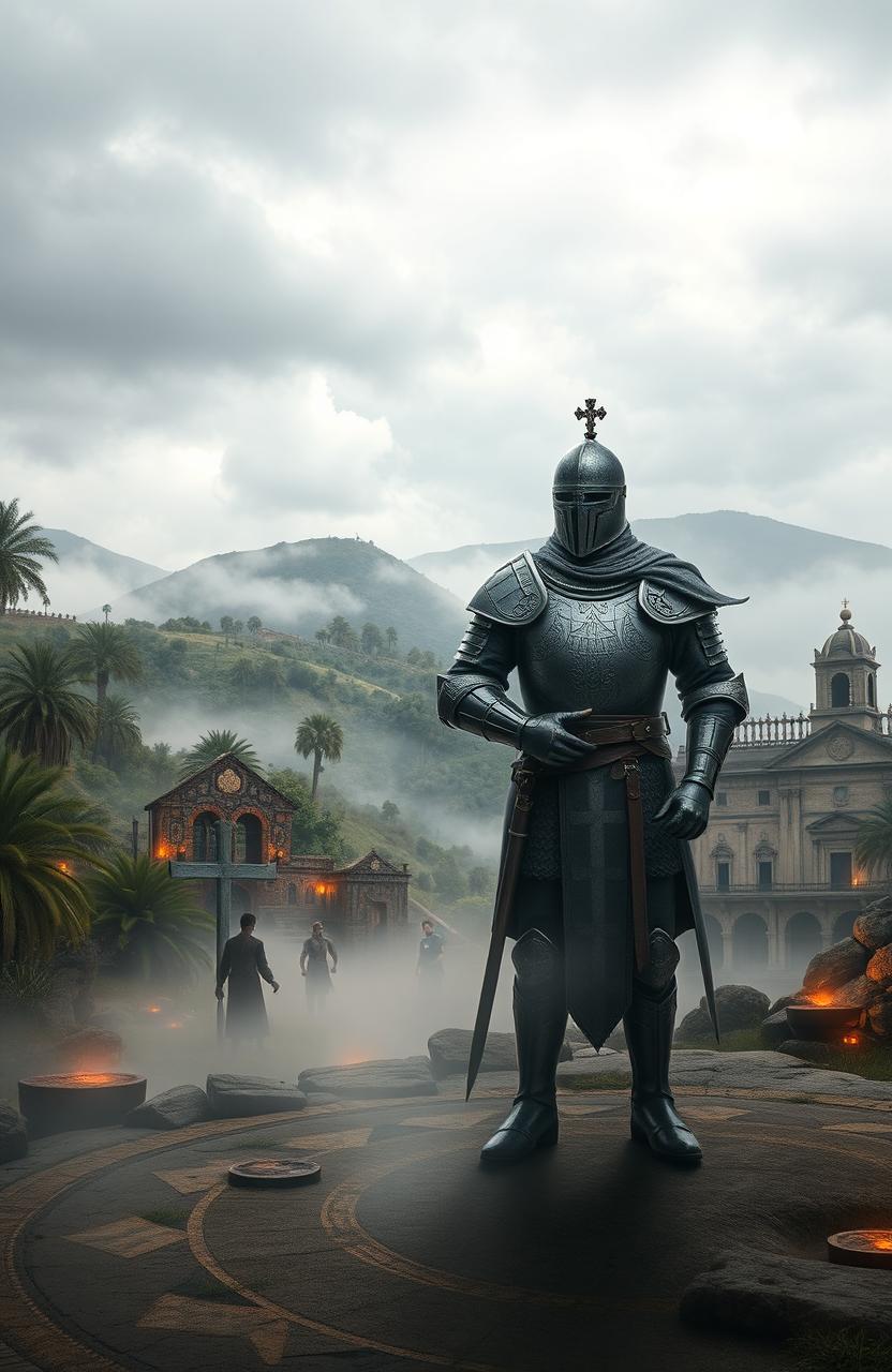 A mysterious and captivating scene depicting the Templars in South America, exploring the legends and myths surrounding them in Uruguay