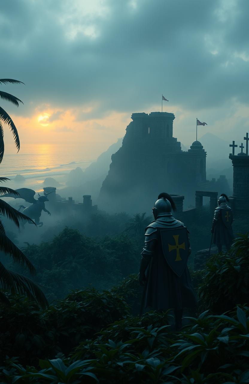 An intricate, mysterious scene depicting Templar knights in South America, specifically in Uruguay