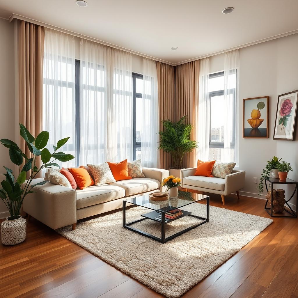 A beautifully designed interior of a stylish apartment featuring modern furniture and vibrant decor elements