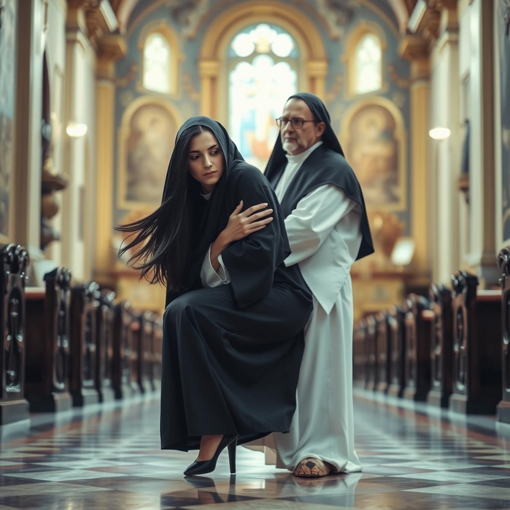 A Greek Orthodox nun in a dynamic pose, squatting gracefully on the hips of a priest, who is dressed in traditional clergy attire but without visible pants