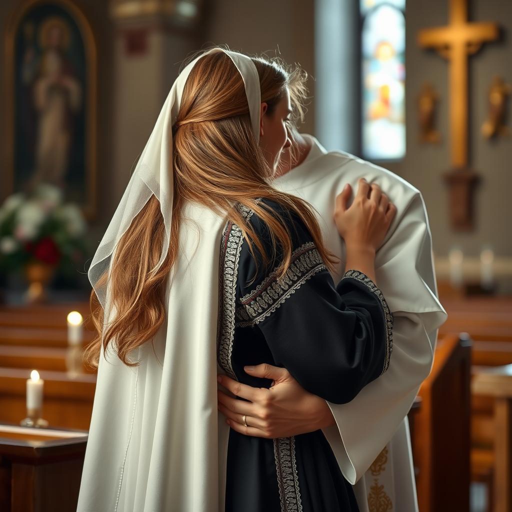 A Greek Orthodox religious woman, depicted in traditional attire, engaged in a tender and intimate moment with a priest, who is gently embracing her from behind