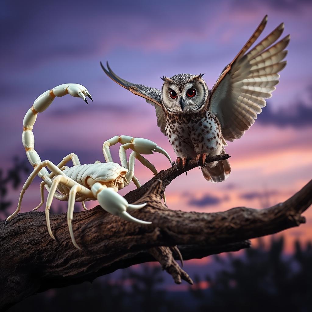 A dramatic scene depicting a fierce white scorpion attacking an owl perched on a branch