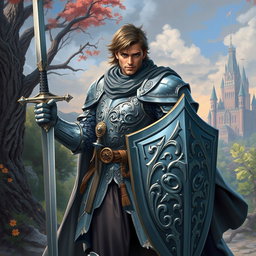 A noble looking knight with a hint of something dark in his eye, adorned in intricately designed silvery armor and a flowing cape