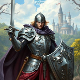 A noble looking knight with a hint of something dark in his eye, adorned in intricately designed silvery armor and a flowing cape