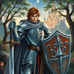 A noble looking knight with a hint of something dark in his eye, adorned in intricately designed silvery armor and a flowing cape