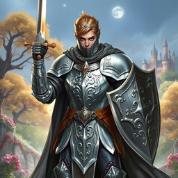 A noble looking knight with a hint of something dark in his eye, adorned in intricately designed silvery armor and a flowing cape