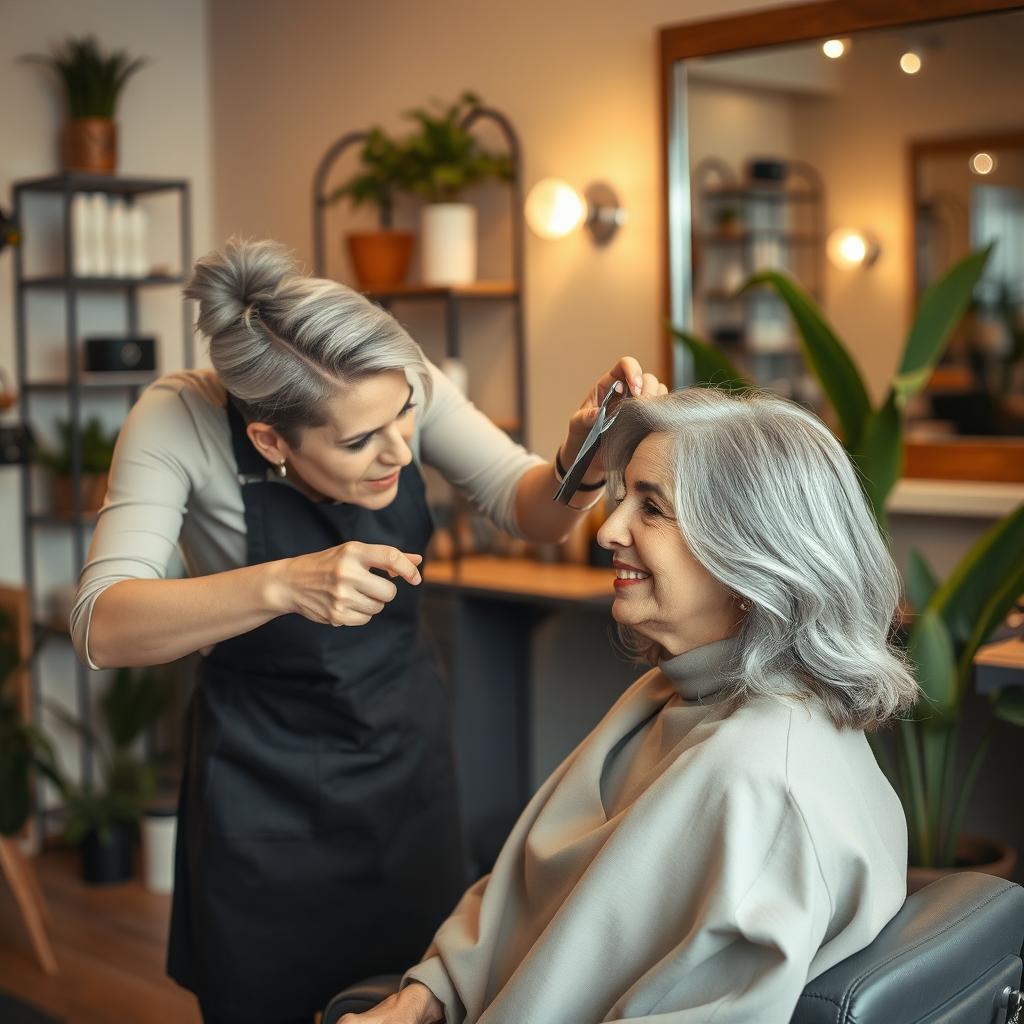 A cozy salon scene featuring a skilled hair stylist giving a stylish haircut to an elegant older woman