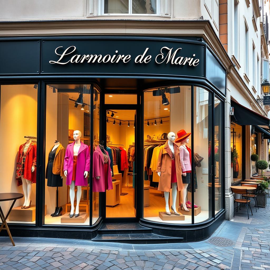 A fashionable and chic boutique display showcasing a new collection of stylish clothing at 'Larmoire de Marie'