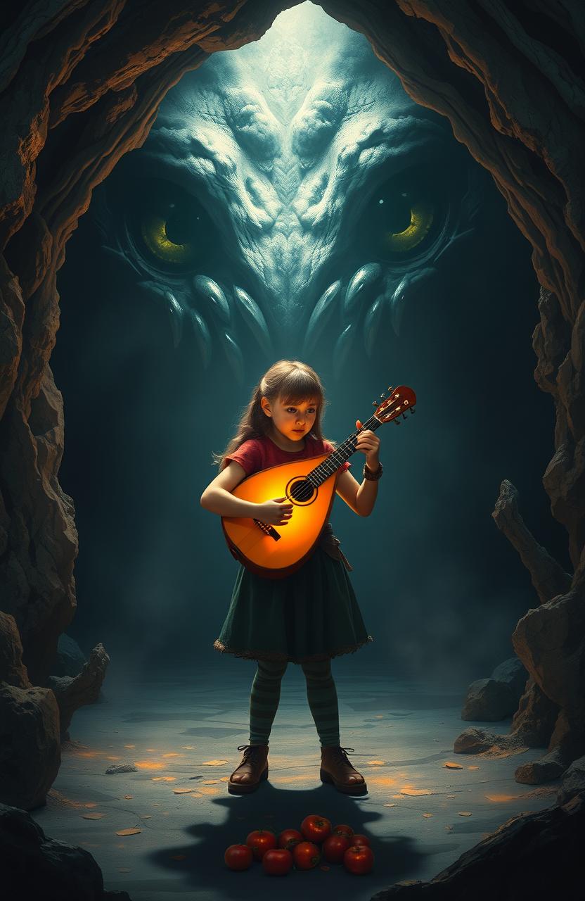 A courageous young girl stands bravely in a dark cave facing a monstrous creature with terrifying black eyes that resemble deep voids